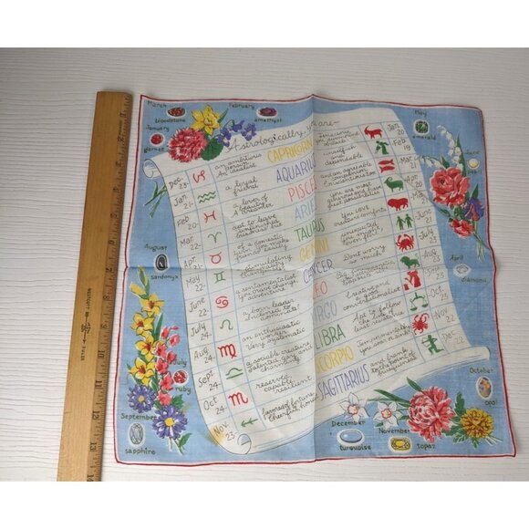 Vintage Handkerchief 1950’s Burmel Astrological Zodiac Signs chart floral 13 in - Picture 3 of 6